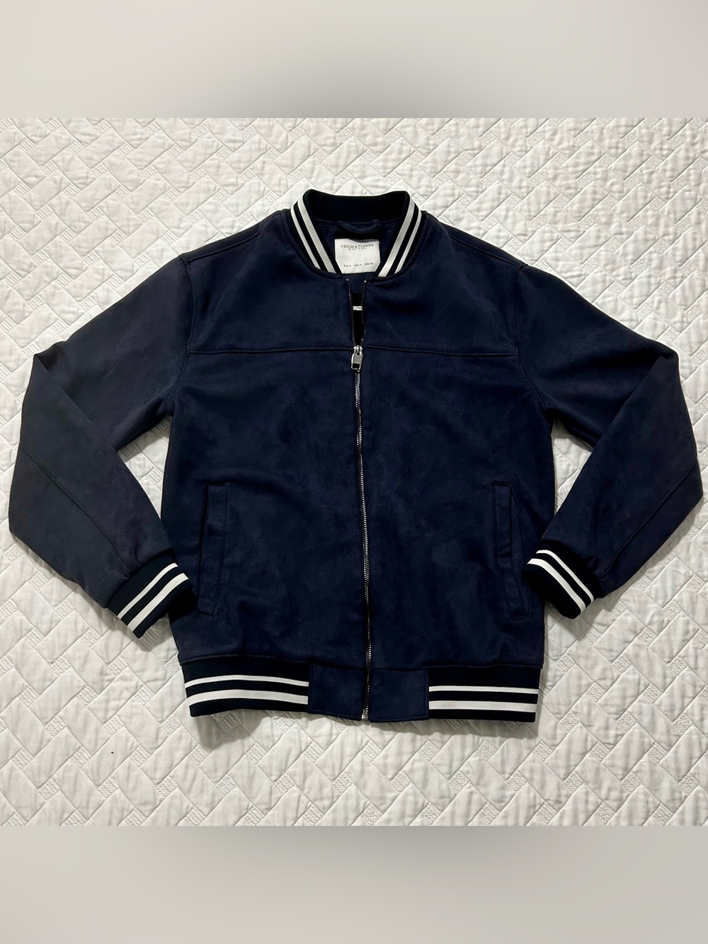 Denim & Flower Men's Navy Bomber Jacket with White Stripe Trim